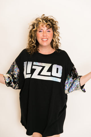 Lizzo Black and Silver Sequin Sleeve Party Tee - Fringe+Co